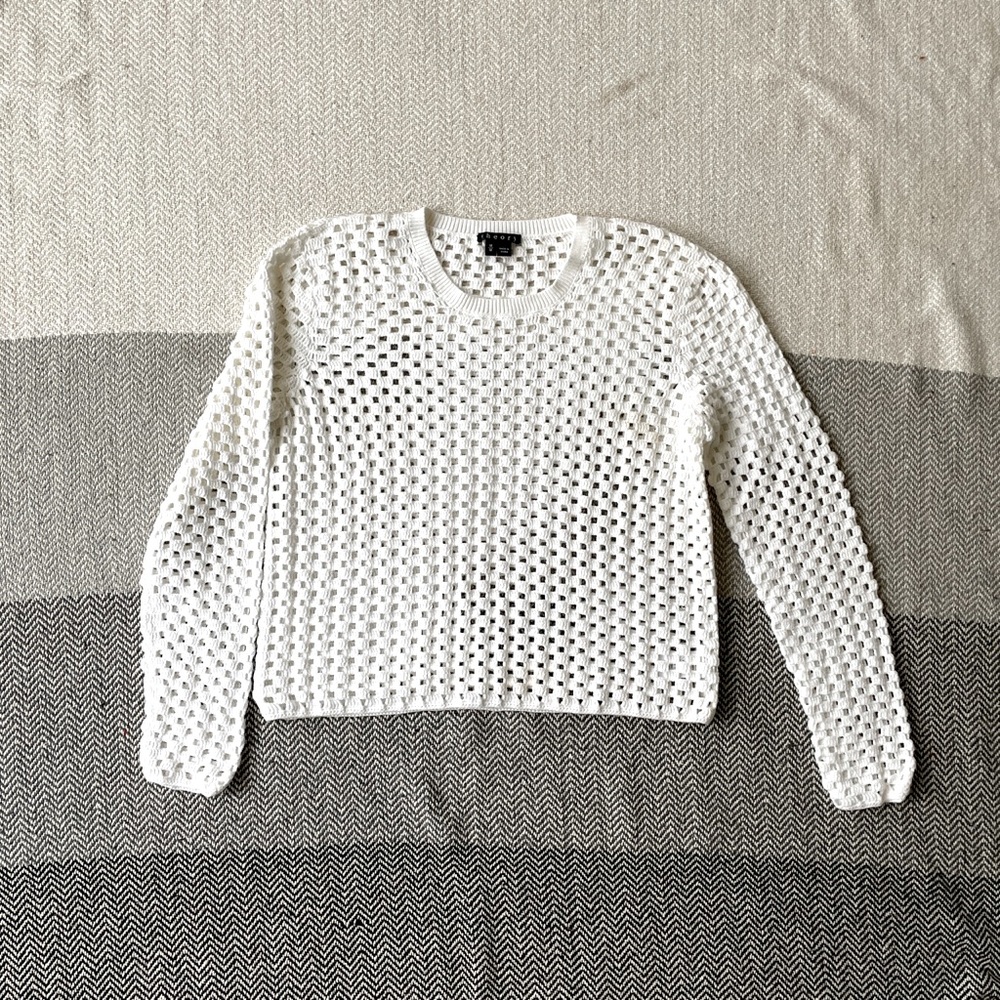 Theory Open Mesh Loose Knit Cropped White Crewneck Sweatshirt